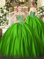 Sleeveless Satin Floor Length Lace Up Sweet 16 Dresses in Green with Beading