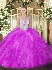 Fuchsia Sleeveless Tulle Zipper Quinceanera Dress for Military Ball and Sweet 16 and Quinceanera