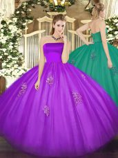 Eggplant Purple Ball Gown Prom Dress Military Ball and Sweet 16 and Quinceanera with Appliques Strapless Sleeveless Zipper