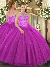 Fuchsia Sleeveless Beading and Embroidery and Sequins Floor Length Ball Gown Prom Dress