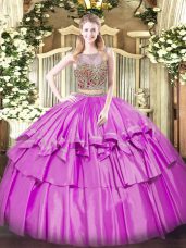 Lilac Organza and Taffeta Lace Up Scoop Sleeveless Floor Length Quinceanera Dress Beading and Ruffled Layers