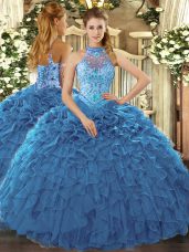 Extravagant Ball Gowns Vestidos de Quinceanera Teal Halter Top Organza Sleeveless Floor Length Lace Up
