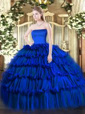 Glorious Royal Blue Ball Gowns Strapless Sleeveless Organza Floor Length Zipper Ruffled Layers Sweet 16 Dresses