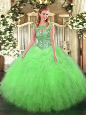 Captivating Tulle Scoop Sleeveless Lace Up Beading and Ruffles Sweet 16 Dresses in
