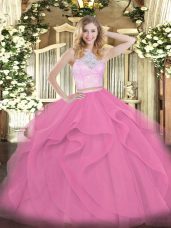 Lovely Rose Pink Sleeveless Floor Length Lace and Ruffles Zipper Quinceanera Gown