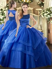 Sleeveless Tulle Floor Length Lace Up Quinceanera Dresses in Blue with Ruffled Layers