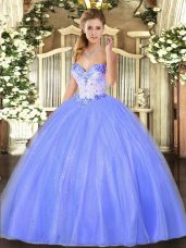 Stylish Blue Ball Gowns Beading Quince Ball Gowns Lace Up Tulle Sleeveless Floor Length