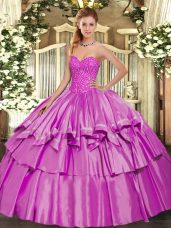 Great Organza and Taffeta Sweetheart Sleeveless Lace Up Beading and Ruffled Layers Vestidos de Quinceanera in Lilac