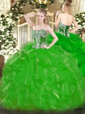 Shining Floor Length Lace Up 15th Birthday Dress Green for Military Ball and Sweet 16 and Quinceanera with Beading and Ruffles