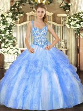Eye-catching Beading and Ruffles Quinceanera Dresses Blue And White Lace Up Sleeveless Floor Length
