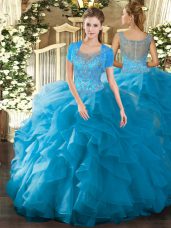 Custom Made Teal Sleeveless Beading and Ruffled Layers Floor Length Quince Ball Gowns