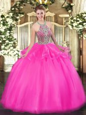 Lovely Hot Pink Ball Gowns Tulle Halter Top Sleeveless Beading and Ruffles Floor Length Lace Up Quinceanera Gowns