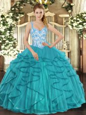 Fitting Sleeveless Floor Length Beading and Ruffles Lace Up Quinceanera Dresses with Teal