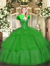 Green Tulle Lace Up Sweetheart Sleeveless Floor Length Sweet 16 Quinceanera Dress Beading and Ruffled Layers