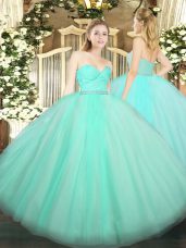 Apple Green Tulle Zipper 15th Birthday Dress Sleeveless Floor Length Beading and Lace