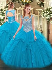 Blue Ball Gowns Scoop Sleeveless Tulle Floor Length Lace Up Beading and Ruffles Vestidos de Quinceanera