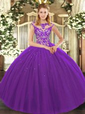 Fantastic Eggplant Purple Scoop Neckline Beading and Appliques Quinceanera Dresses Sleeveless Lace Up