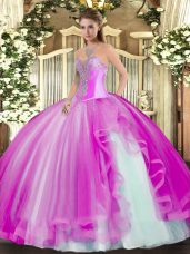 Fuchsia Tulle Lace Up Sweetheart Sleeveless Floor Length Quinceanera Gowns Beading and Ruffles