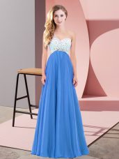 Sleeveless Chiffon Floor Length Criss Cross Prom Dress in Blue with Beading