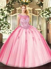 Dazzling Pink Sweet 16 Dresses Sweet 16 and Quinceanera with Beading and Appliques Scoop Sleeveless Zipper