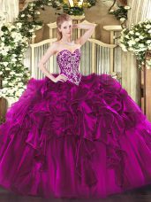 Dramatic Fuchsia Sleeveless Floor Length Beading and Ruffles Lace Up Sweet 16 Dresses