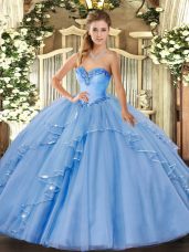 Luxurious Blue Tulle Lace Up Quinceanera Gowns Sleeveless Floor Length Beading and Ruffles