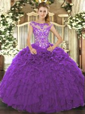 Fashion Purple Lace Up Scoop Beading and Ruffles and Hand Made Flower Quinceanera Gowns Organza Cap Sleeves