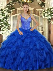 New Style Royal Blue Sleeveless Organza Lace Up Quinceanera Gown for Military Ball and Sweet 16 and Quinceanera