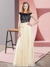 Champagne Empire Chiffon Scoop Sleeveless Lace and Belt Floor Length Lace Up Dress for Prom