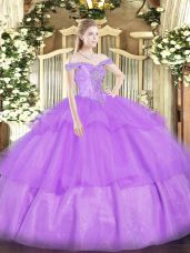 Ball Gowns Quinceanera Gowns Lavender Off The Shoulder Organza Sleeveless Floor Length Lace Up