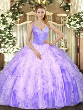 V-neck Sleeveless Lace Up Quinceanera Gowns Lavender Tulle