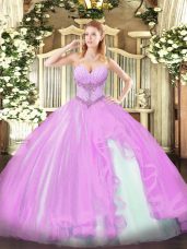 Most Popular Beading and Ruffles Quinceanera Dress Lilac Lace Up Sleeveless Floor Length