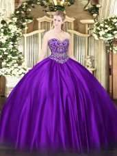 Cute Floor Length Purple 15th Birthday Dress Satin Sleeveless Beading