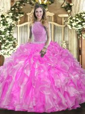 Rose Pink Ball Gowns High-neck Sleeveless Organza Floor Length Lace Up Beading and Ruffles Quinceanera Gowns