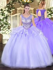 Lavender Ball Gowns Beading 15th Birthday Dress Lace Up Organza Sleeveless Floor Length