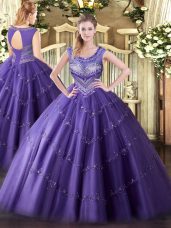Discount Purple Sleeveless Beading and Appliques Floor Length Quince Ball Gowns