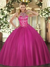 Great Floor Length Hot Pink Vestidos de Quinceanera Halter Top Sleeveless Lace Up
