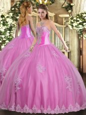 Dazzling Sleeveless Tulle Floor Length Lace Up Quinceanera Dresses in Rose Pink with Beading and Appliques