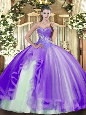 Discount Lavender Sweetheart Neckline Beading and Ruffles Quince Ball Gowns Sleeveless Lace Up