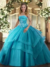 Excellent Teal Tulle Lace Up Strapless Sleeveless Floor Length Vestidos de Quinceanera Beading and Ruffled Layers