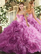 Rose Pink Lace Up Sweetheart Beading Vestidos de Quinceanera Fabric With Rolling Flowers Sleeveless