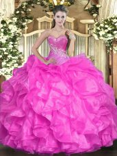 High End Fuchsia Sweetheart Neckline Beading and Ruffles Quinceanera Dresses Sleeveless Lace Up