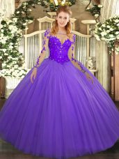 Dramatic Lavender Scoop Lace Up Lace Quinceanera Dresses Long Sleeves