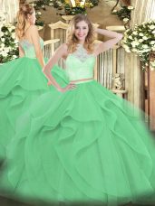 Vintage Floor Length Apple Green Quinceanera Gowns Tulle Sleeveless Lace and Ruffles