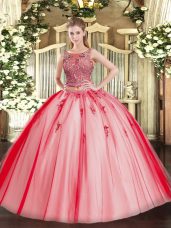 Clearance Floor Length Coral Red 15th Birthday Dress Tulle Sleeveless Beading and Appliques
