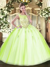 Free and Easy Beading and Appliques Sweet 16 Dresses Yellow Green Zipper Sleeveless Floor Length