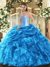 Hot Selling Floor Length Lace Up Quinceanera Gowns Baby Blue for Military Ball and Sweet 16 and Quinceanera with Beading and Ruffles and Pick Ups