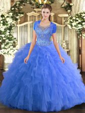 Hot Selling Sleeveless Tulle Floor Length Clasp Handle Quinceanera Dresses in Baby Blue with Beading and Ruffled Layers