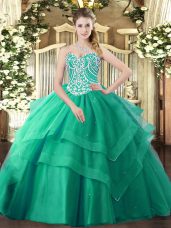 Delicate Turquoise Sleeveless Tulle Lace Up Quinceanera Dresses for Military Ball and Sweet 16 and Quinceanera