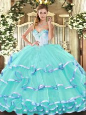 Hot Sale Turquoise Ball Gowns Beading and Ruffled Layers Quinceanera Gowns Lace Up Organza Sleeveless Floor Length